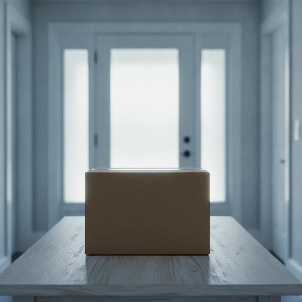 A neat plain kraft parcel box on a table near a bright entryway