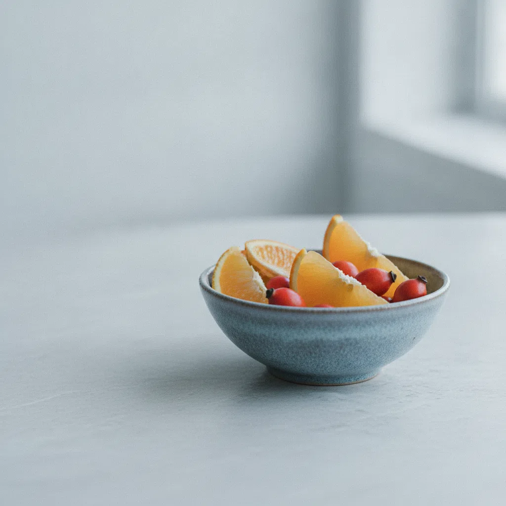 Orange slices, rosehip berries and green leaves arranged on a light stone kitchen table